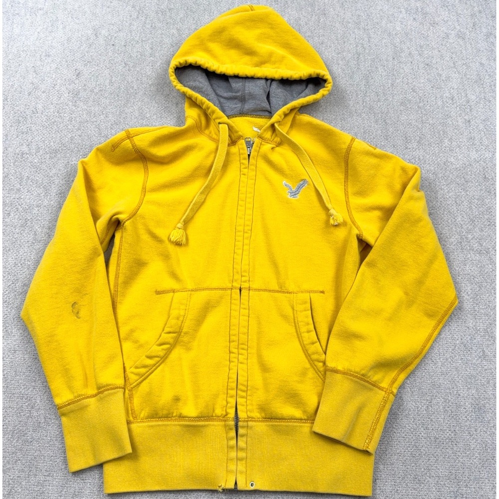 Vintage Y2K American Eagle Hoodie Women Medium Yellow Full Zip Jacket Sherpa A92